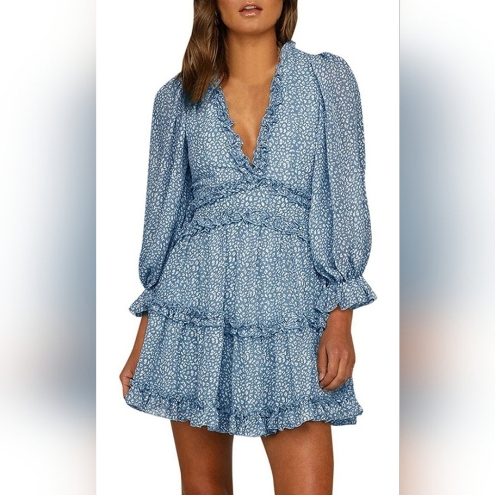 Women's Long Sleeve Dresses Casual V-Neck Floral A-Line Mid Waist Dress Spring